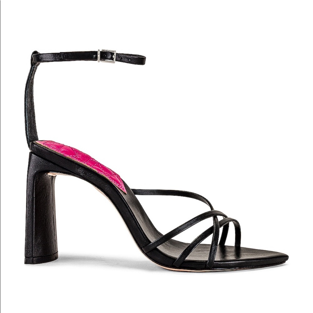 SCHUTZ Franceline Sandal. Black strappy 4” heels with buckle closure.
